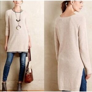 Anthropologie Moth Long‎ Sleeve Sweater Tunic Cream Side Slits Cotton Blend SZ S
